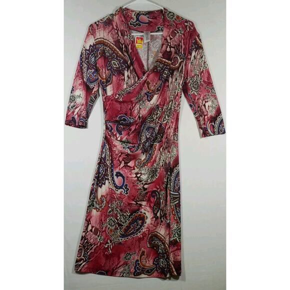 Purple Rain Dress Small Red Paisley Bodycon 3/4 Sleeve Midi Vintage USA - Picture 1 of 9